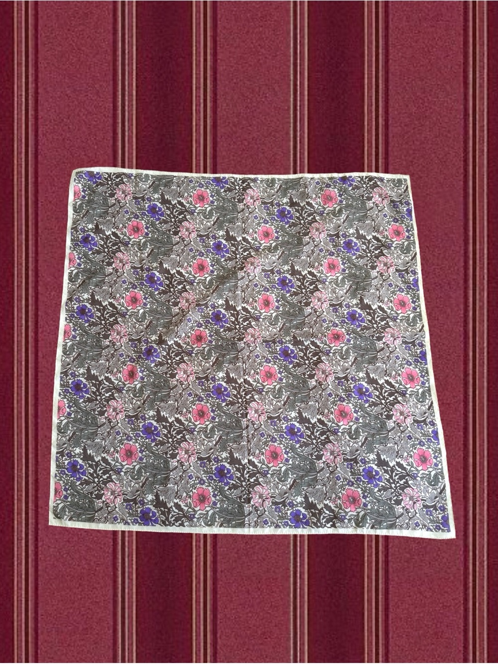 Floral Print Women's Square Scarf in Gray with Pink & Purple Flowers